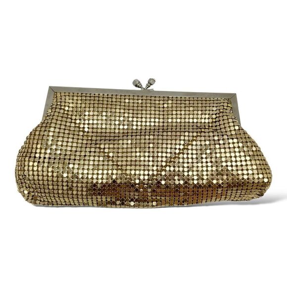 Vintage Vibe Gold Mesh Evening Bag Crystal Kiss Lock Closure Formal Prom - Picture 1 of 12